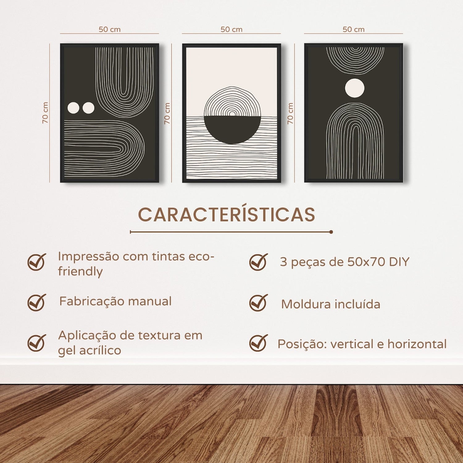 DekoArte - Tableau décoration murale salon NORDIC MINIMALIST ART 50x70 cm x3 pièces - Tableaux avec cadre noir inclus - 6