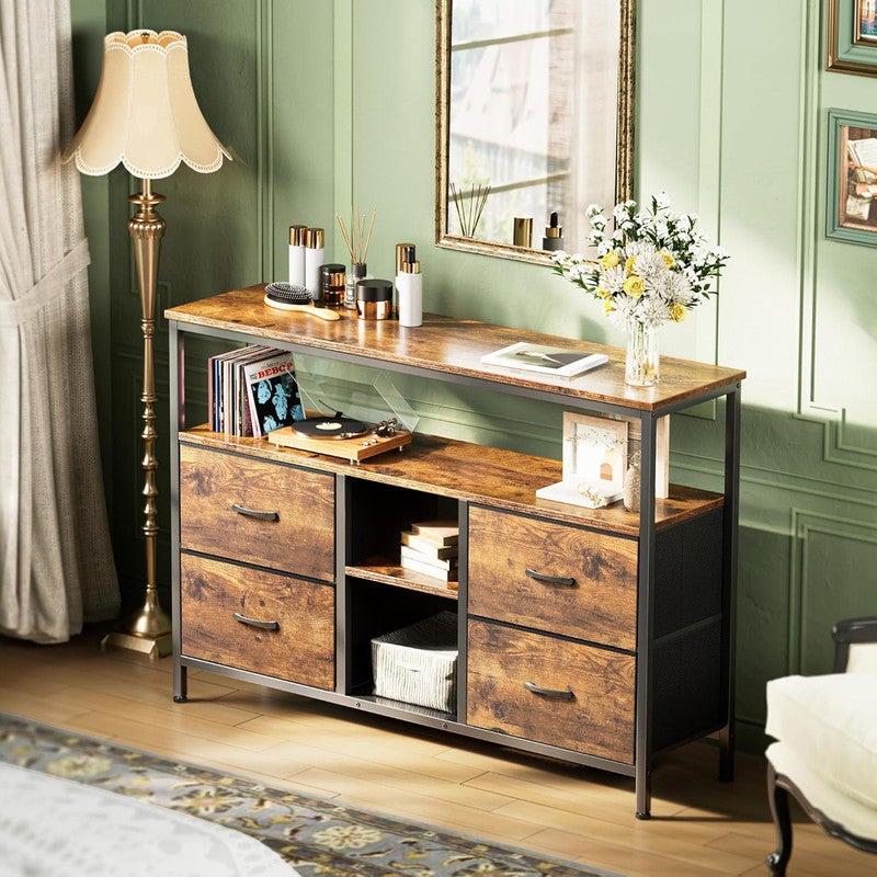 Meuble TV, 108x30x78cm, avec bande lumineuse LED et 4 tiroirs en tissu rétro, pieds réglables en hauteur, structure en fer, meuble tele - 2
