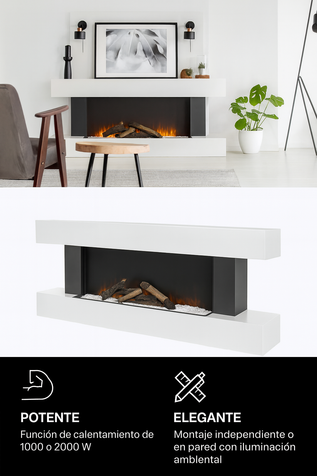DUPI Chimenea Eléctrica Nero Pro SENZIA | 3 en 1 con Calefacción | Efecto Llama | 12 Colores Llama | APP Tuya-Smart Life-Alexa | Blanco | 134x58x21cm - 3