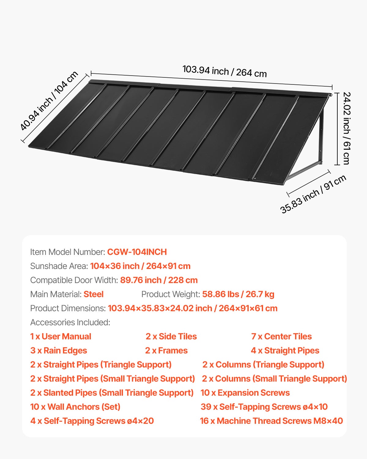 Toldos de Porta 264x91 cm,VEVOR marquise externa em metal,estrutura de aço,abrigo contra chuva,neve,sol,toldo para portas,janelas,varandas - 7