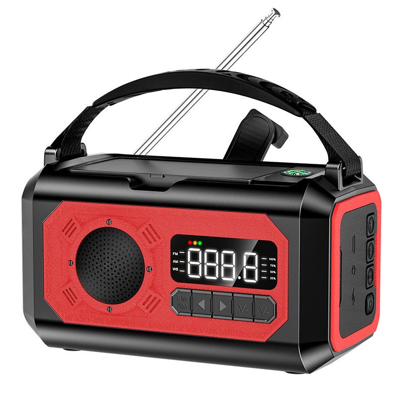 Radio pogodowe zasilane energią słoneczną o pojemności 12000 mAh, z korbką, z kanałami AM/FM/NOAA, alarmem SOS, czerwone.