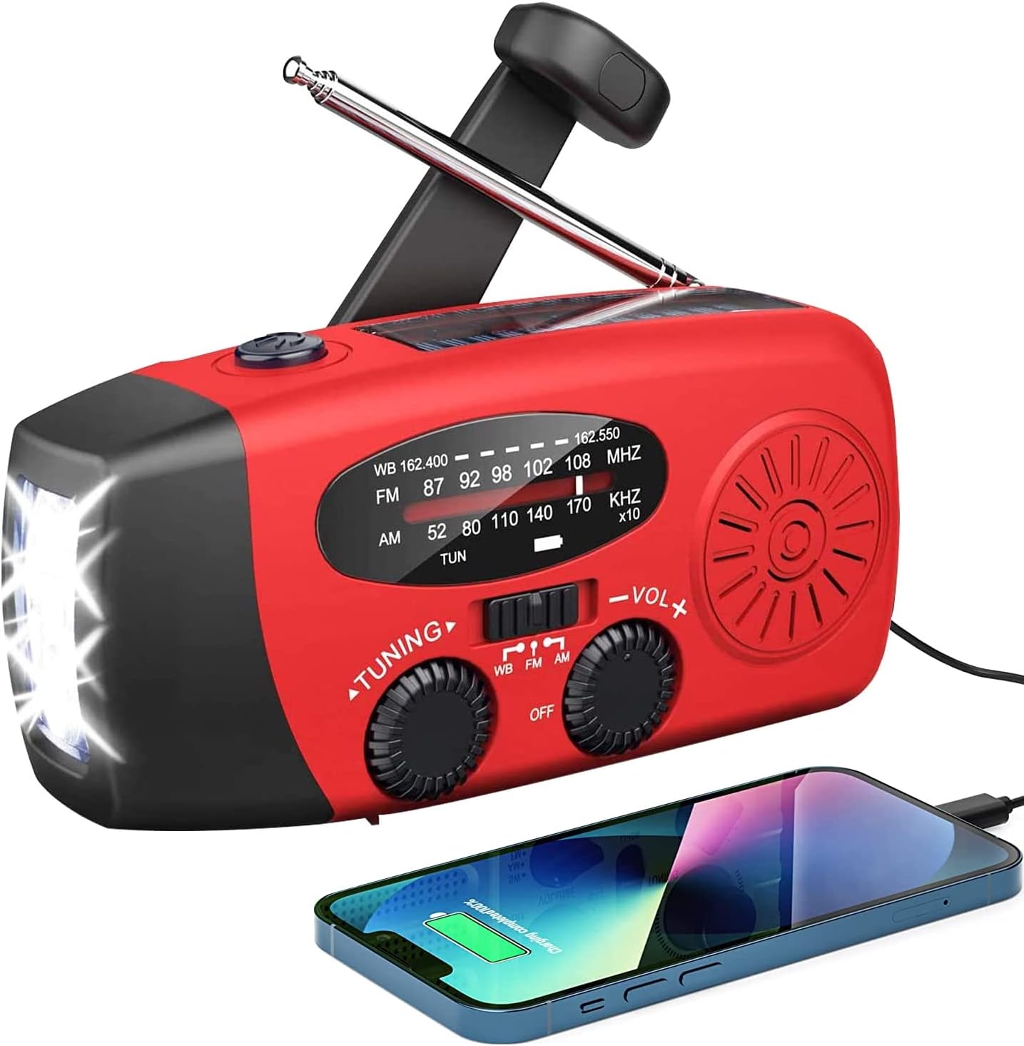 Radio awaryjne zasilane energią słoneczną, radio z korbką i latarką LED, stacja pogodowa AM/FM/WB z akumulatorem 600 mAh do awaryjnego ładowania smart