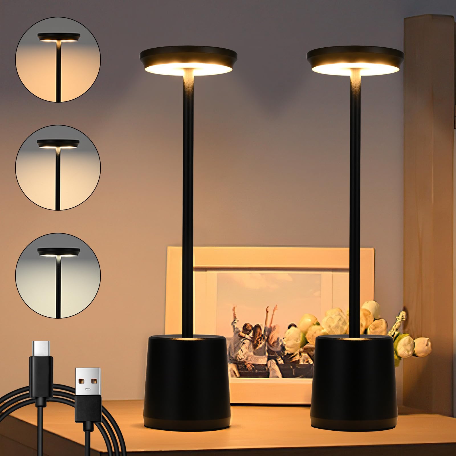 Bezprzewodowa lampa stołowa z możliwością ładowania, lampka nocna ze ściemniaczem, 3 kolory, lampa biurkowa do jadalni, biura, czarna, zestaw 2 sztuk