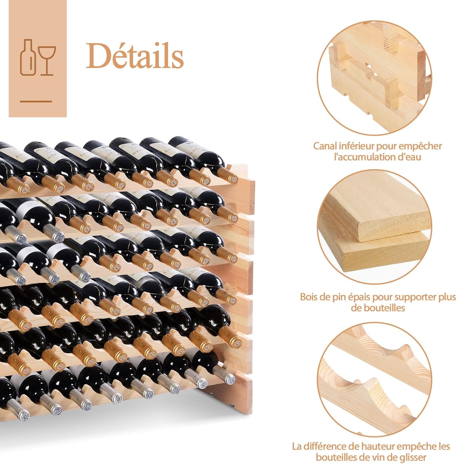 72 Bouteilles Étagère à Vin/Porte-Bouteilles 6 Étagères 119 x 29 x 71,5 CM,Range Bouteille en Bois de Pin Massif Caves à Vin pour Cuisine - 7