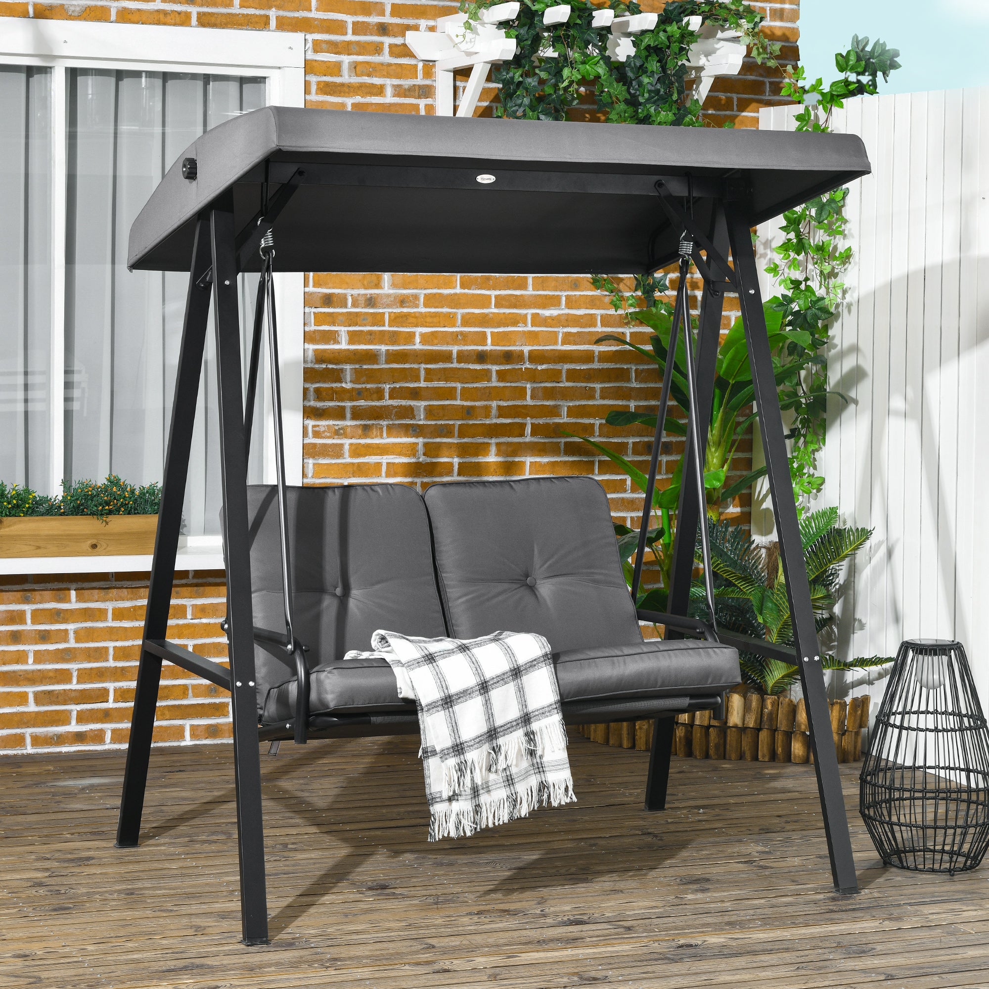 Balançoire Hollywood, balancelle de jardin 2 places avec auvent réglable, charge maximale 220 kg, 145 x 116 x 172 cm, gris foncé - 4
