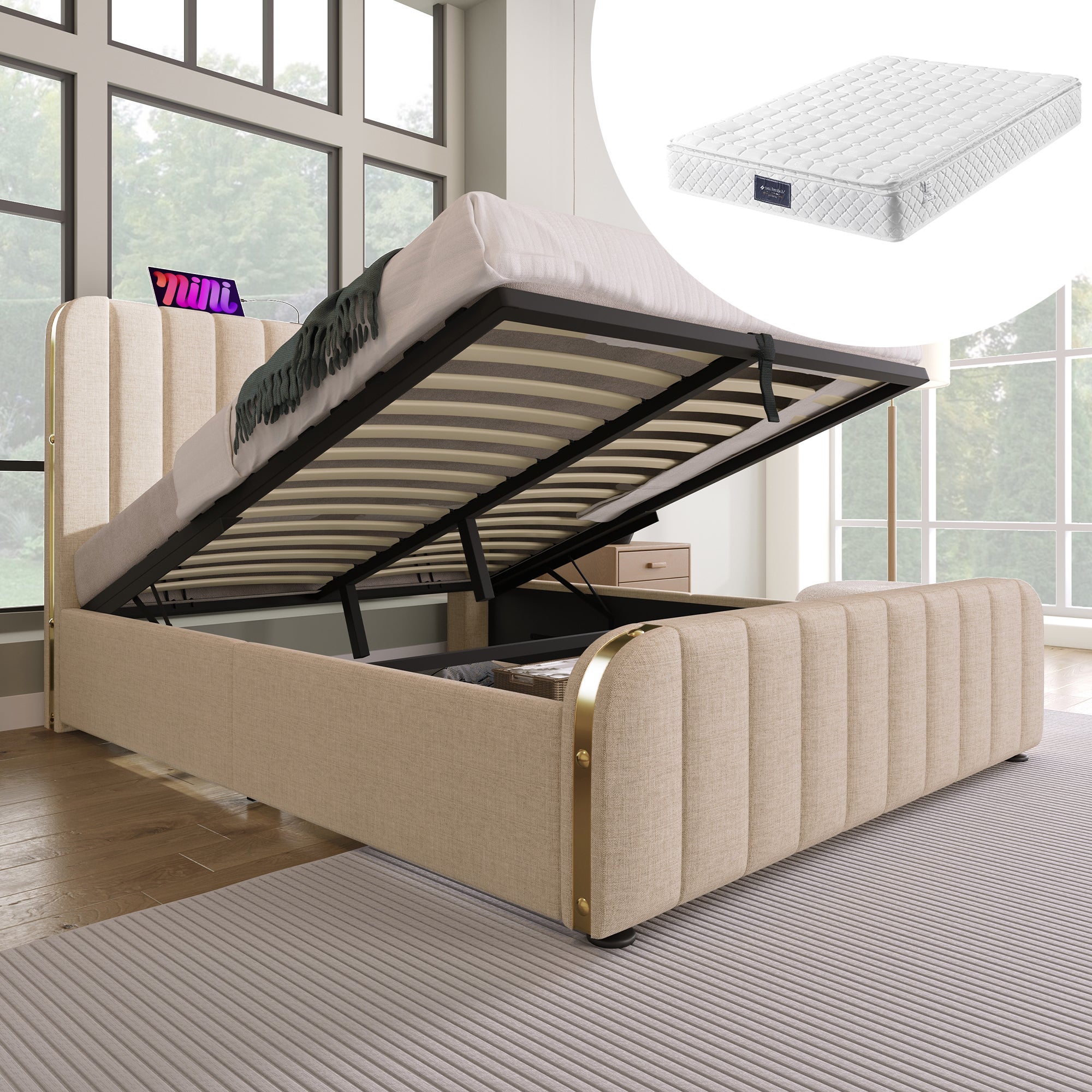 Sapgaks Lit Double Rembourré Avec LED Et Port De Charge USB & Type-C,lit Coffre180x200cm Avec Espace De Stockage Hydraulique,Cadre De Lit 180x200 Avec Sommier à Lattes En Bois,Lin,Beige