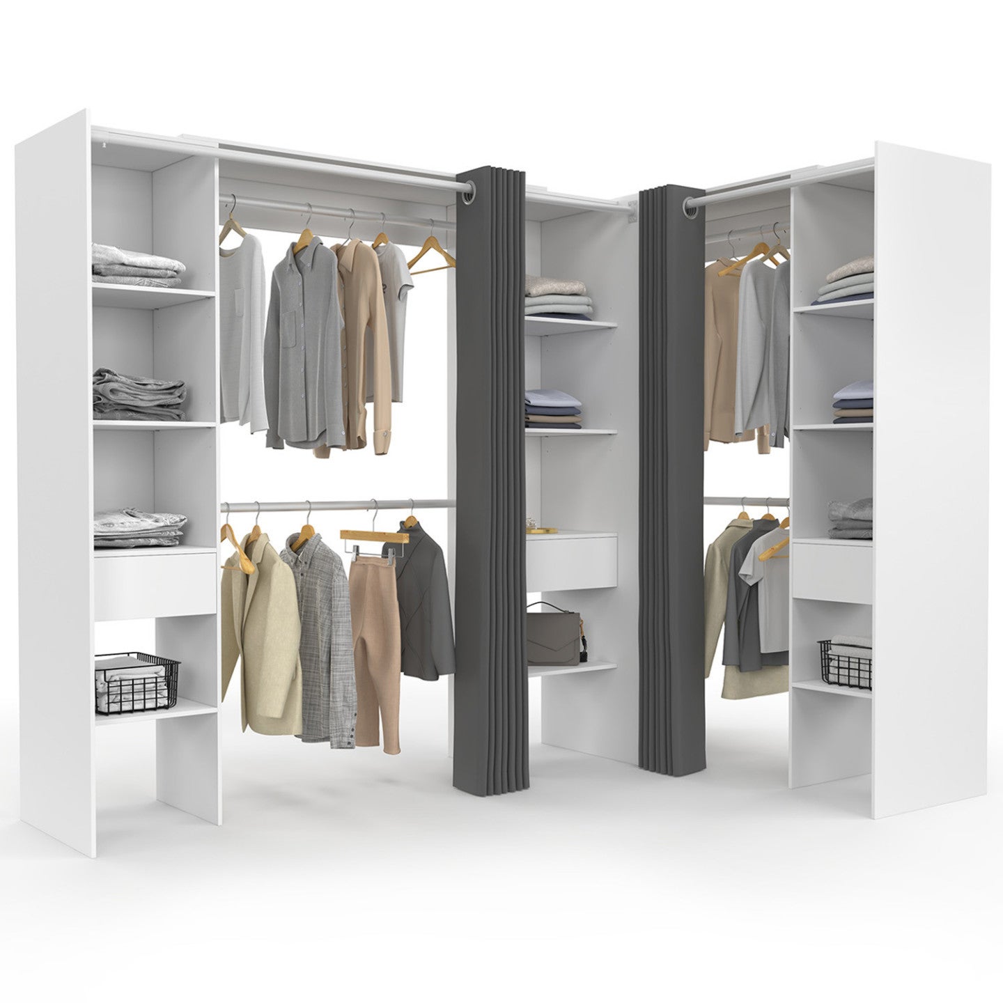 Dressing extensible d'angle MARLON 230 x 140 x 180 cm blanc avec penderies + étagères + rideaux gris - 2
