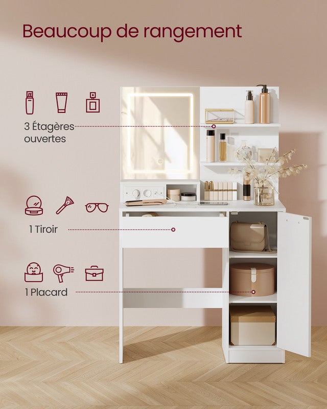 Coiffeuse avec Miroir LED, avec Multiprise, Compartiment avec 2 Étagères Réglables, 1 Tiroir, 2 Étagères, Coin Beauté, Moderne, Blanc - 3