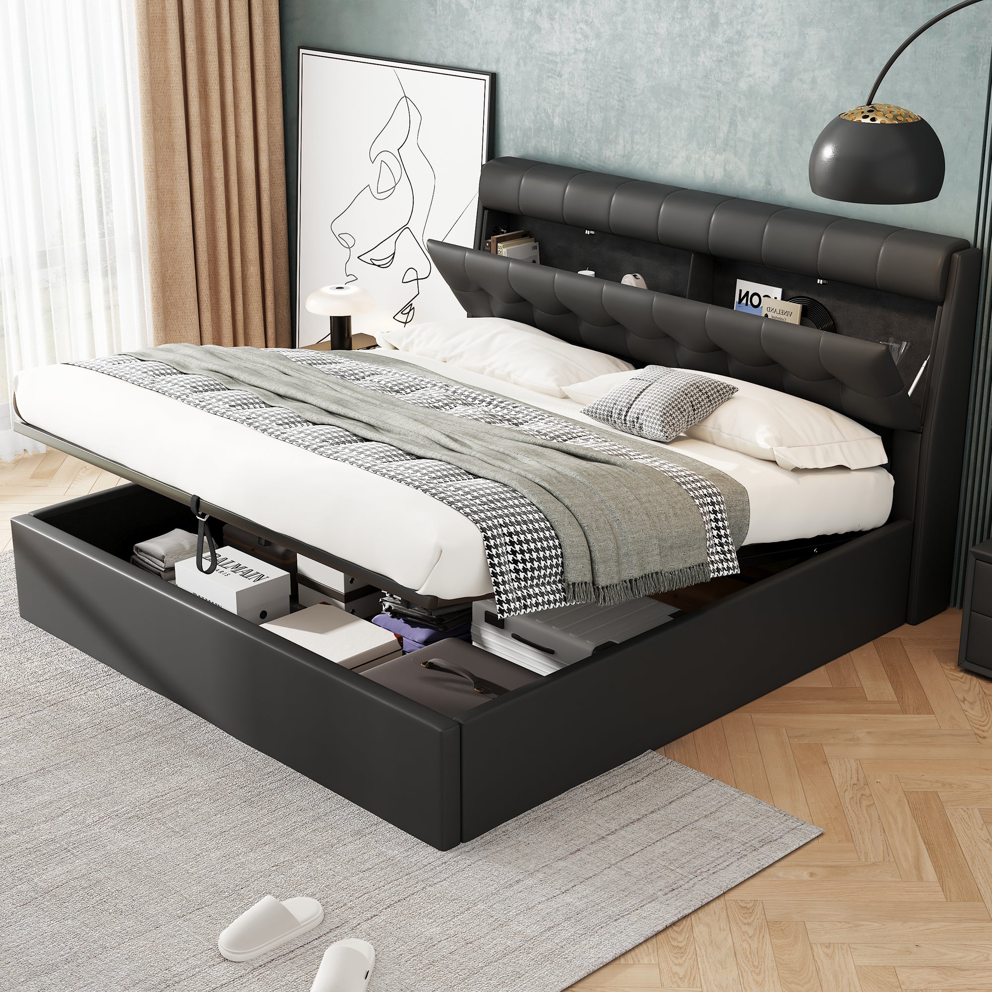 Lit coffre 160 x 200 cm avec tête de lit rangement - LEDs - Cuir PU - Noir (sans matelas) - 2