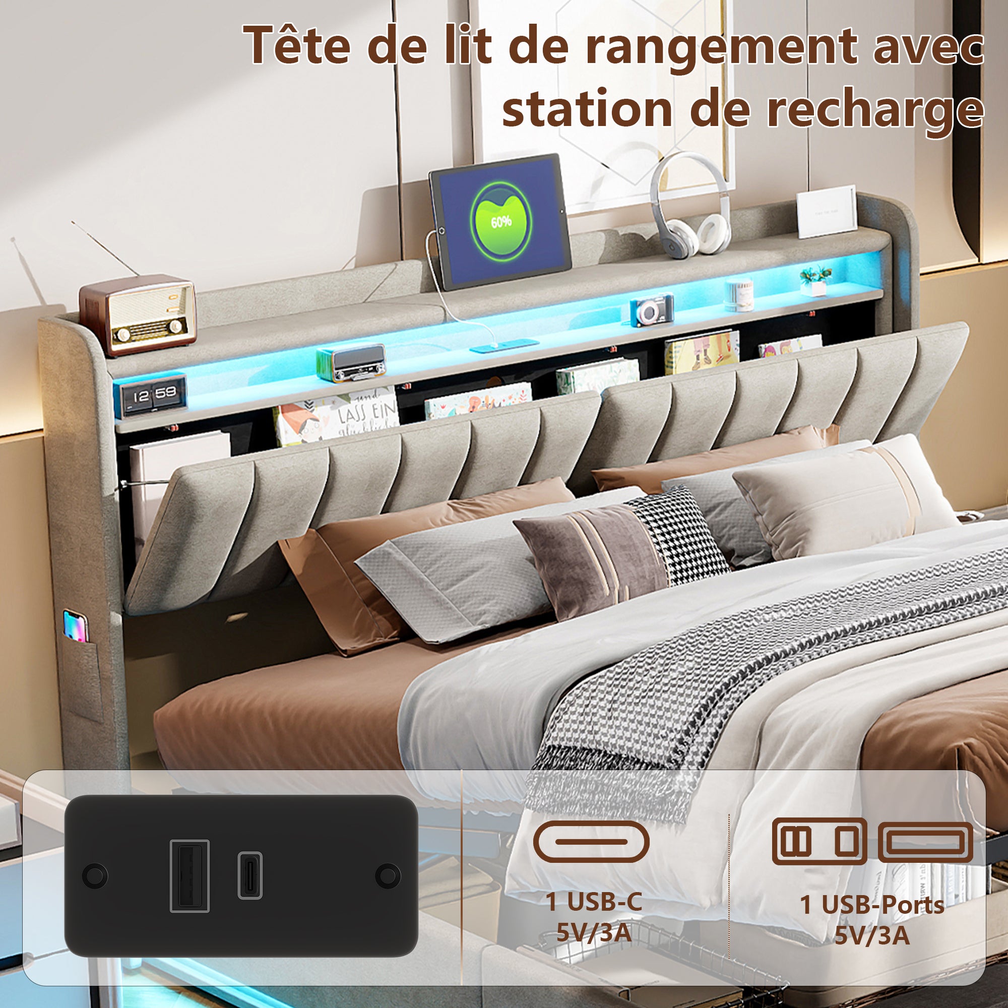 Lit 160x200cm - Lit coffre 160x200 avec sommier et tête de lit rangement - LED et port charge - velours - gris - 8
