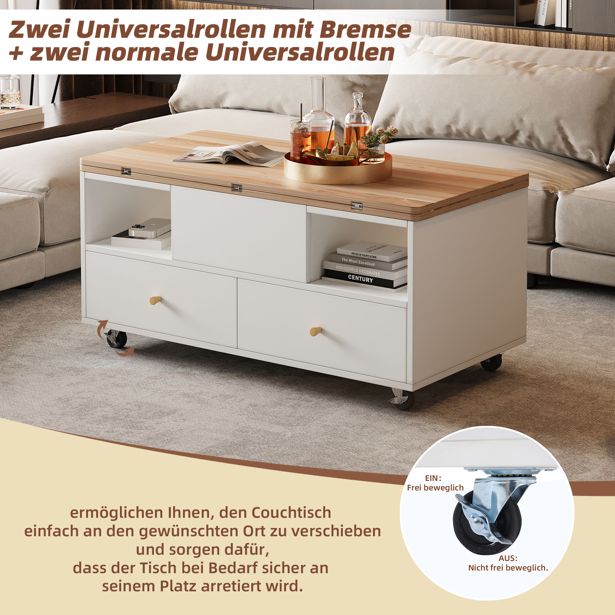Table basse relevable mobile avec 4 tiroirs et 2 compartiments - 100 x 50 x 47,5 cm - MDF - Blanc + naturel - 9