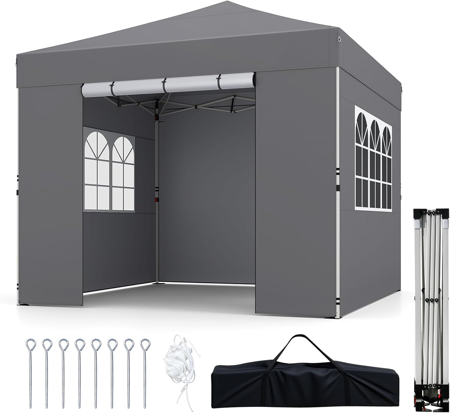 Pavilion pliabil 3 x 3 m, pavilion de grădină cu pereți detașabili, înălțime reglabilă, geantă de transport, pentru târguri, camping, picnic (gri)