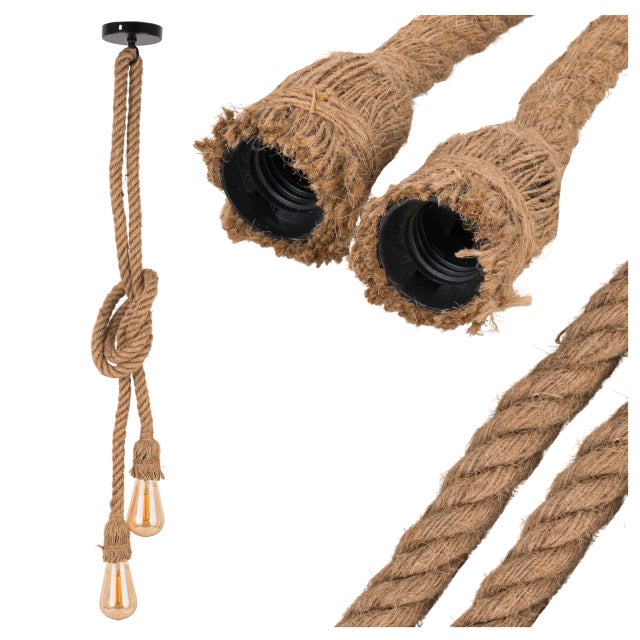 Lampa sufitowa wisząca E27 ozdobna 2x Sznur jutowy konopny Lina dekoracyjna E27 Brązowa Czarny metal BOHO - LEDHOFF