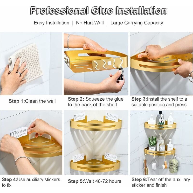 Étagère Douche Sans Perçage Etagere Angle Salle de BainTablette Salle de Bain Starlight (Or Sable Brillant,2 Niveaux) - 3