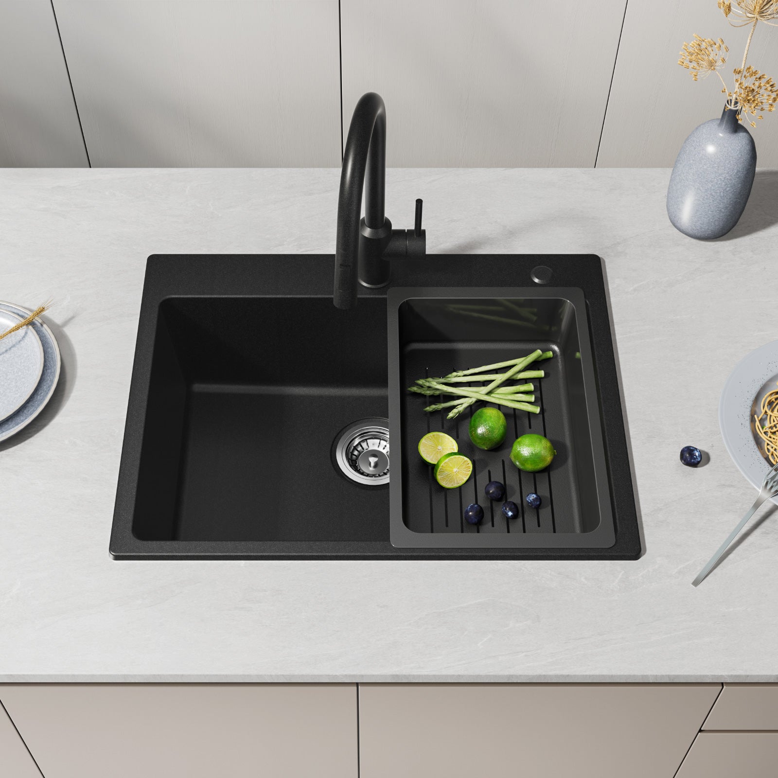 Lavello da cucina 60x45 cm in quarzo e resina, lavello a vasca singola nero, lavello a incasso - 2