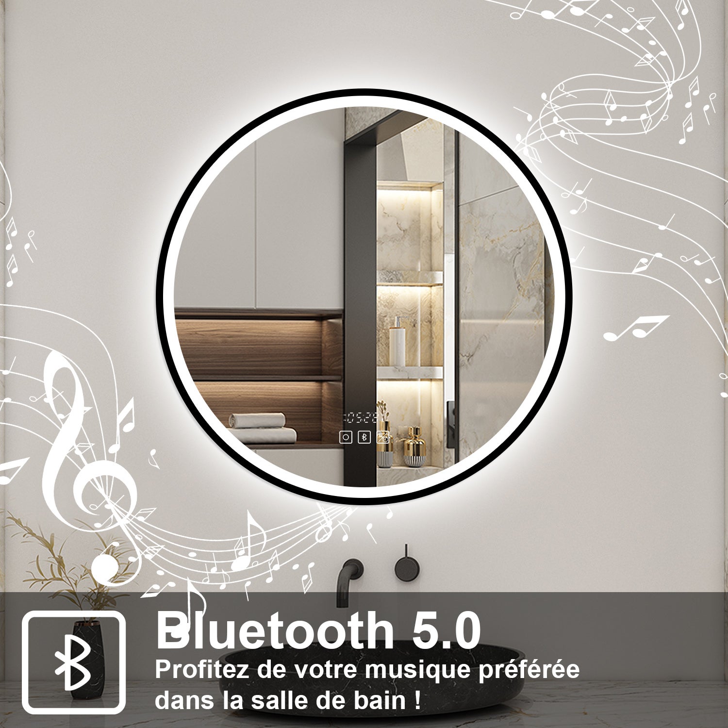 Aica Miroir lumineux de salle de bain Bluetooth Rond 90cm Avec Horloge + 3 Couleurs + Dimmable + Anti-Buée, Noir Cadre Non-Métallique - 4