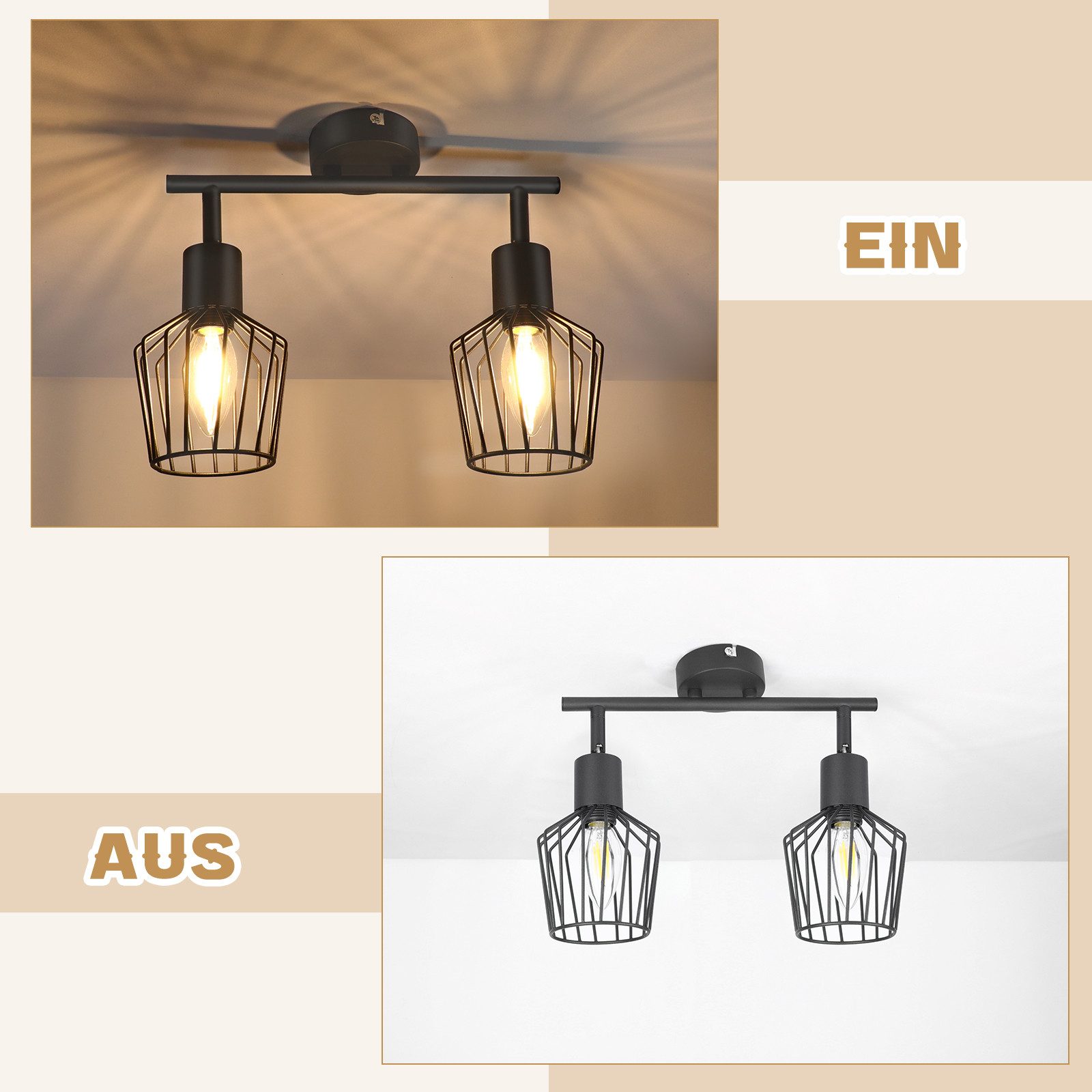 NETTLIFE Foco de Techo，2 luces E14 - Metal, Lámpara de Pasillo Industrial Giratoria 350°, Aplique de Pared para Pasillo y Sala de Estar, Negro - 6