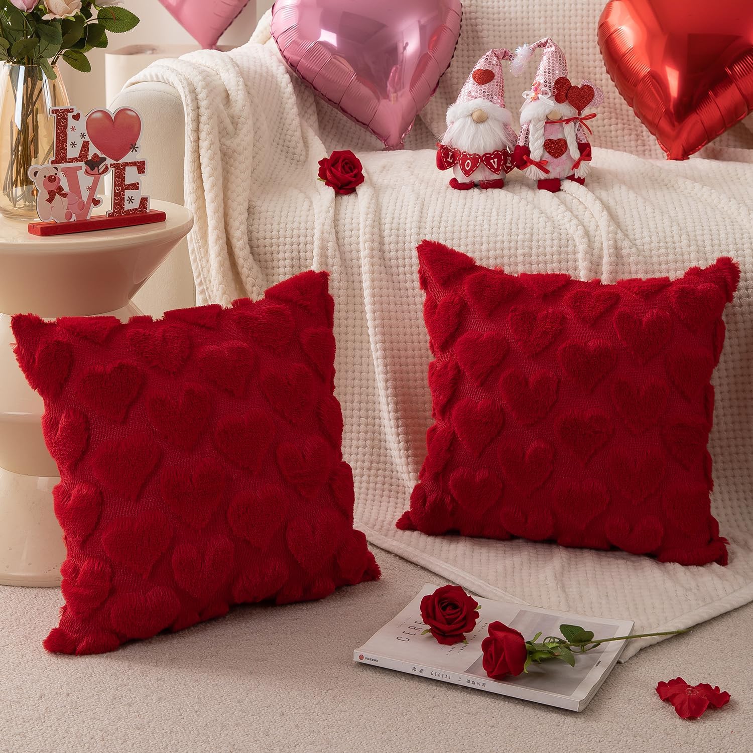 Ensemble de 2 taies d'oreiller pour la Saint-Valentin, 45 x 45 cm, décoration de Saint-Valentin, coussin jacquard à cœur rouge - 4