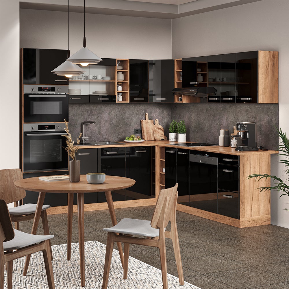 Vicco Cuisine en angle R-Line, Noir Haute brillance/Chêne de force doré, 247 x 237 cm, PT Chêne - 6
