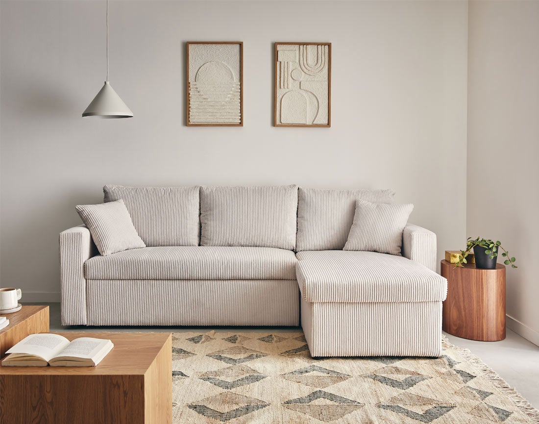 Canapé d'angle convertible 4 places en velours côtelé beige - CYRUS - Best Mobilier - 6