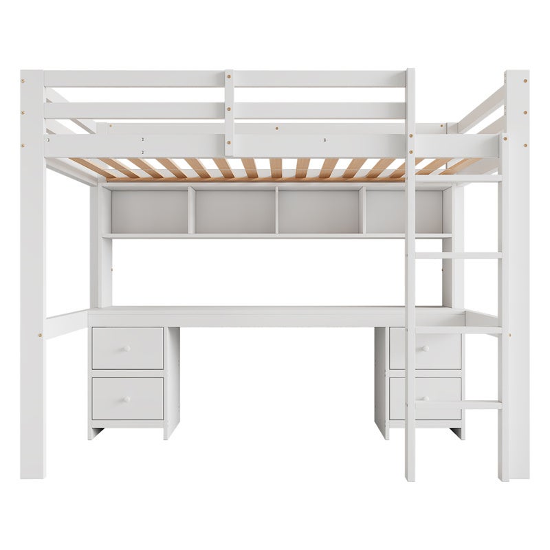 Lit mezzanine 90x200cm, lit d'enfant avec grand bureau, 4 tiroirs, étagères de rangement, escalier, blanc - 3