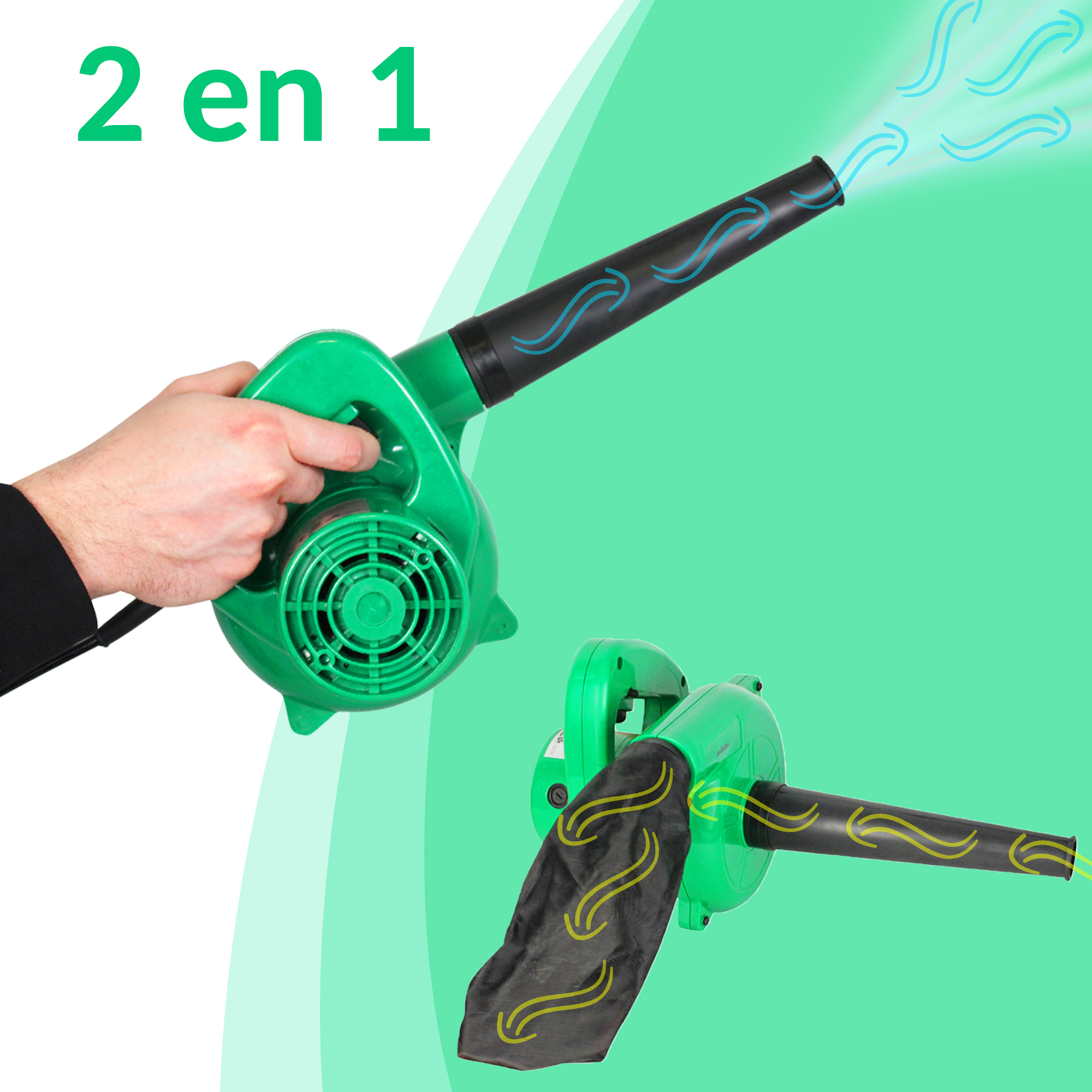 Mini soffiatore elettrico, aspirapolvere reversibile con sacchetto, lunghezza cavo 2M, 500 W, 40CM, verde - 4