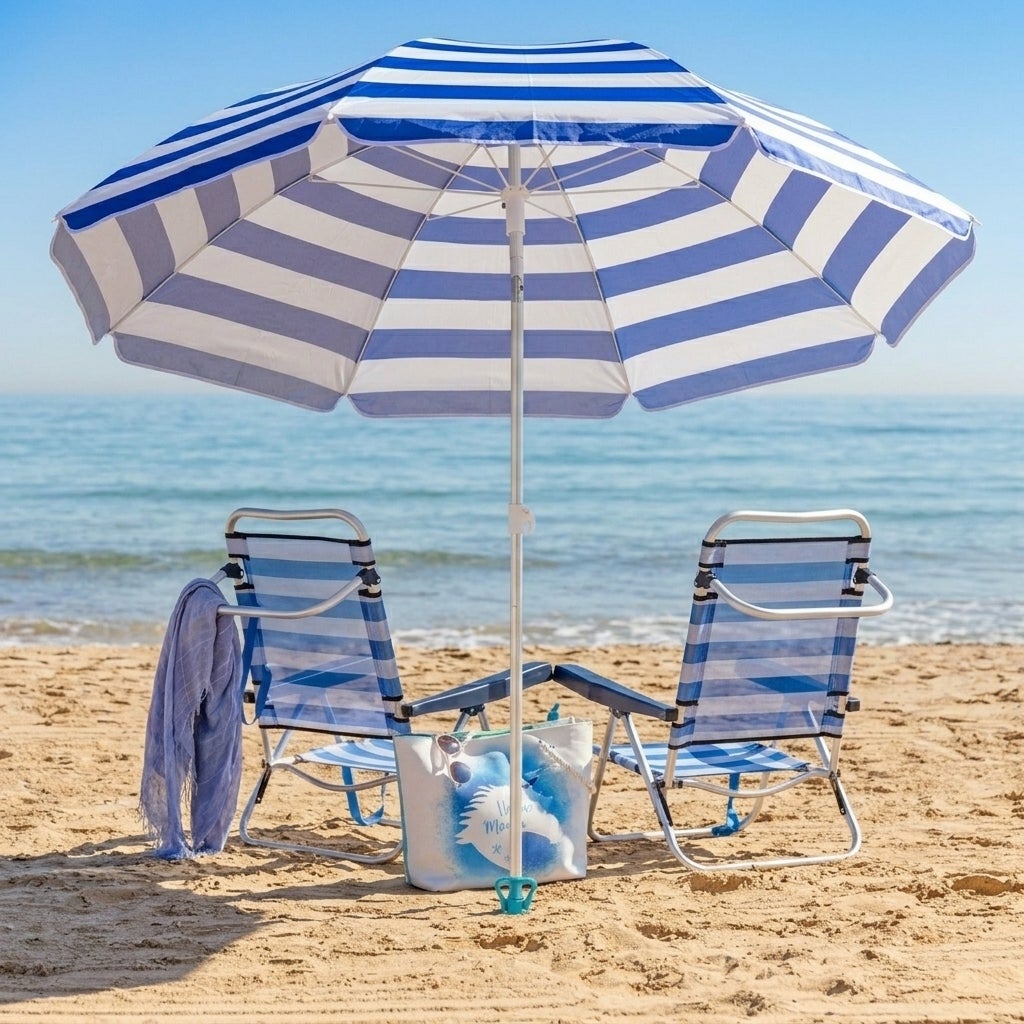 Sombrilla Playa Grande 220cm Plegable Anti Viento Protección Solar UV de Raya Azul - 2