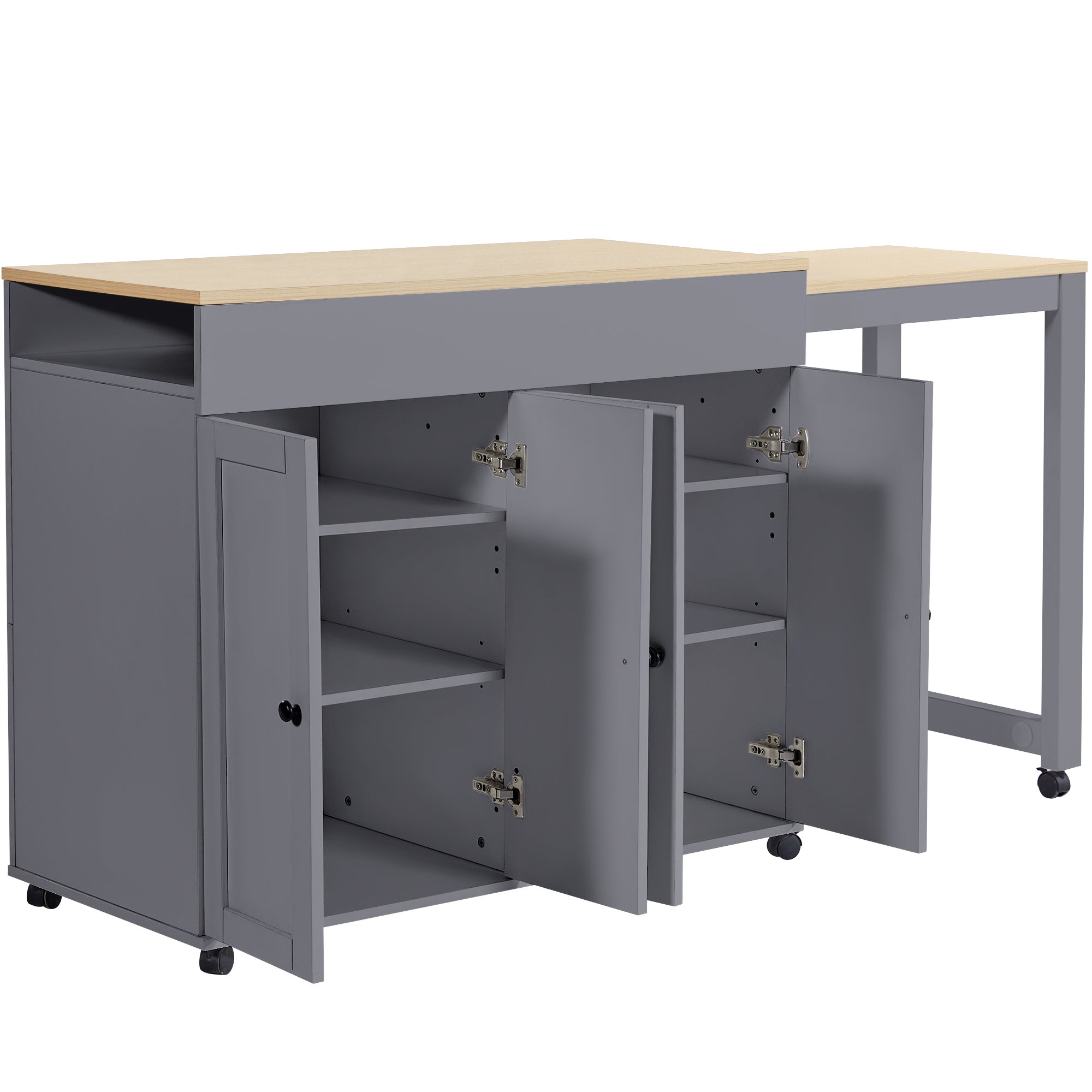 Wyspa kuchenna z rozkładanym stołem jadalnym i 4 drzwiami - 118/180 x 50 x 94 cm - MDF - Szara - 6