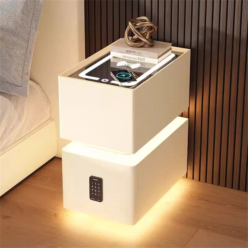 Table De Chevet LED Intelligente Homary – 2 Tiroirs, Recharge Sans Fil, éclairage Réglable, Design Moderne (Blanc)
