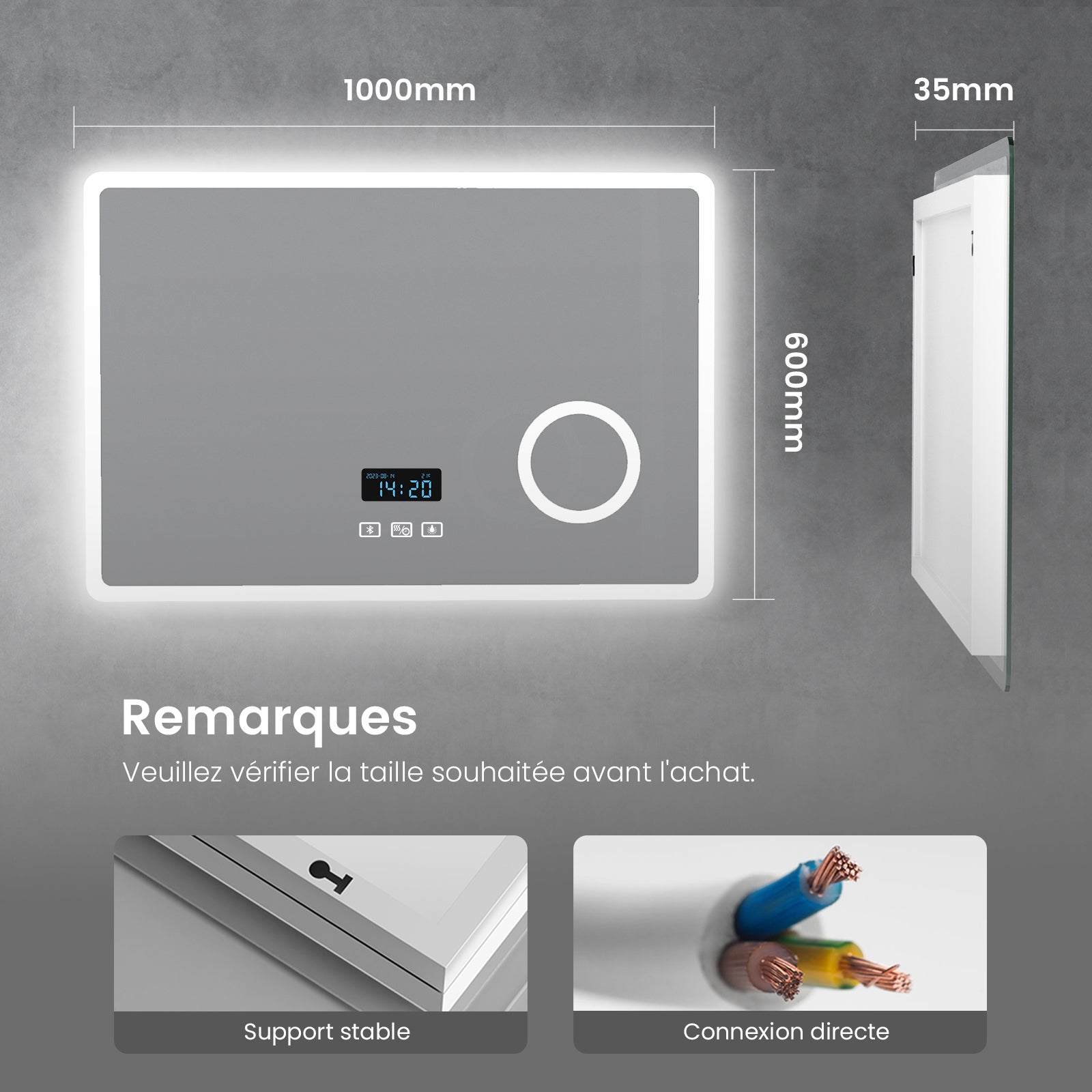 Heilmetz Miroir Salle de Bain LED 100x60 cm avec Bluetooth, Anti-buée, Éclairage 3 Couleurs, Horloge Digitale - 7