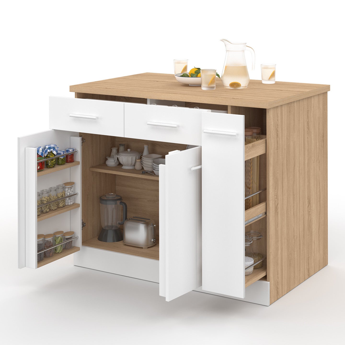 Ilot central ALTO portes avec rangements, tiroirs, rangement coulissant et plan de travail façon hêtre et blanc - 2
