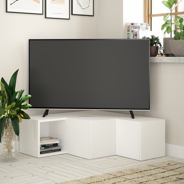 Decortie meuble TV compact moderne avec rangement centre multimédia 94,2 cm blanc minimaliste et pratique pour tout espace de vie