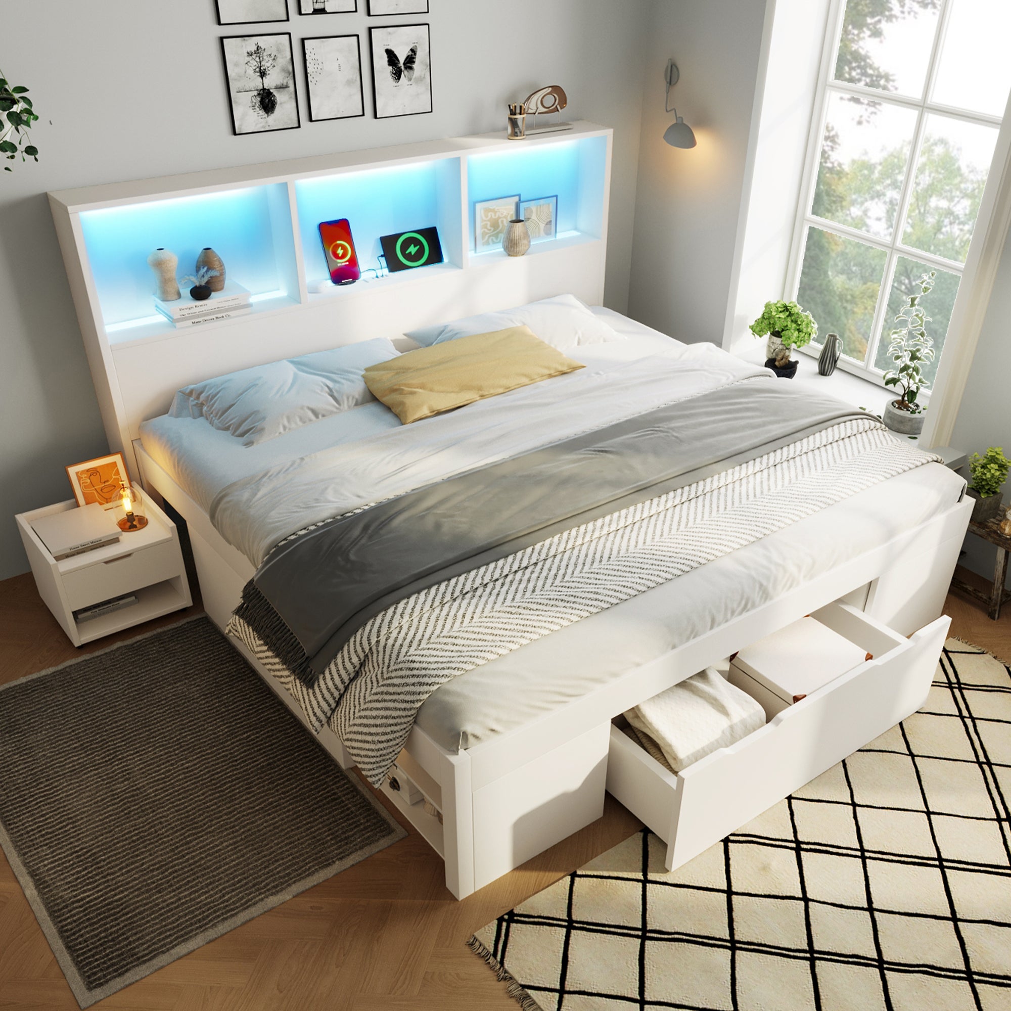 Lit Coffre 140x190 cm Lit Double avec LED - port USB - Tête de lit