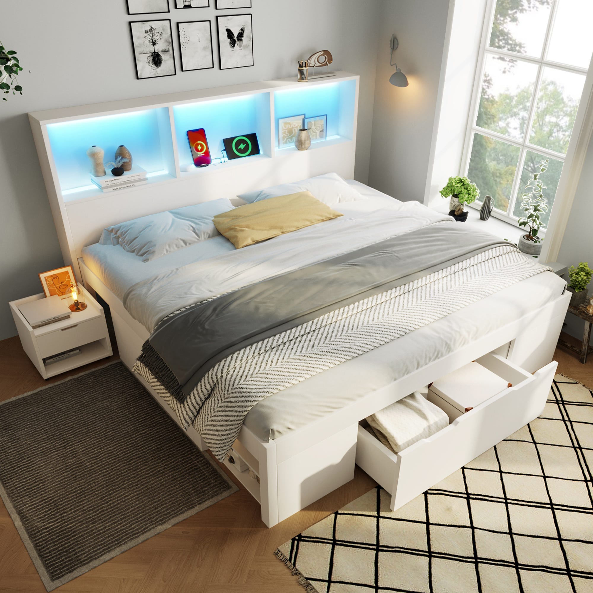 Lit Coffre 140x190 cm Lit Double avec LED - port USB - Tête de lit Lit Coffre 140x190 cm Lit Double avec LED - port USB - Tête de lit