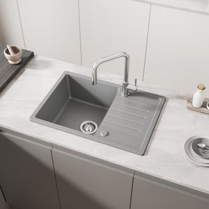 Cecipa max Evier 1 bac avec égouttoir - Evier à encastrer Quartz et résine - Evier de Cuisine avec étagère Gris (65 x 45 cm),EU Modèle