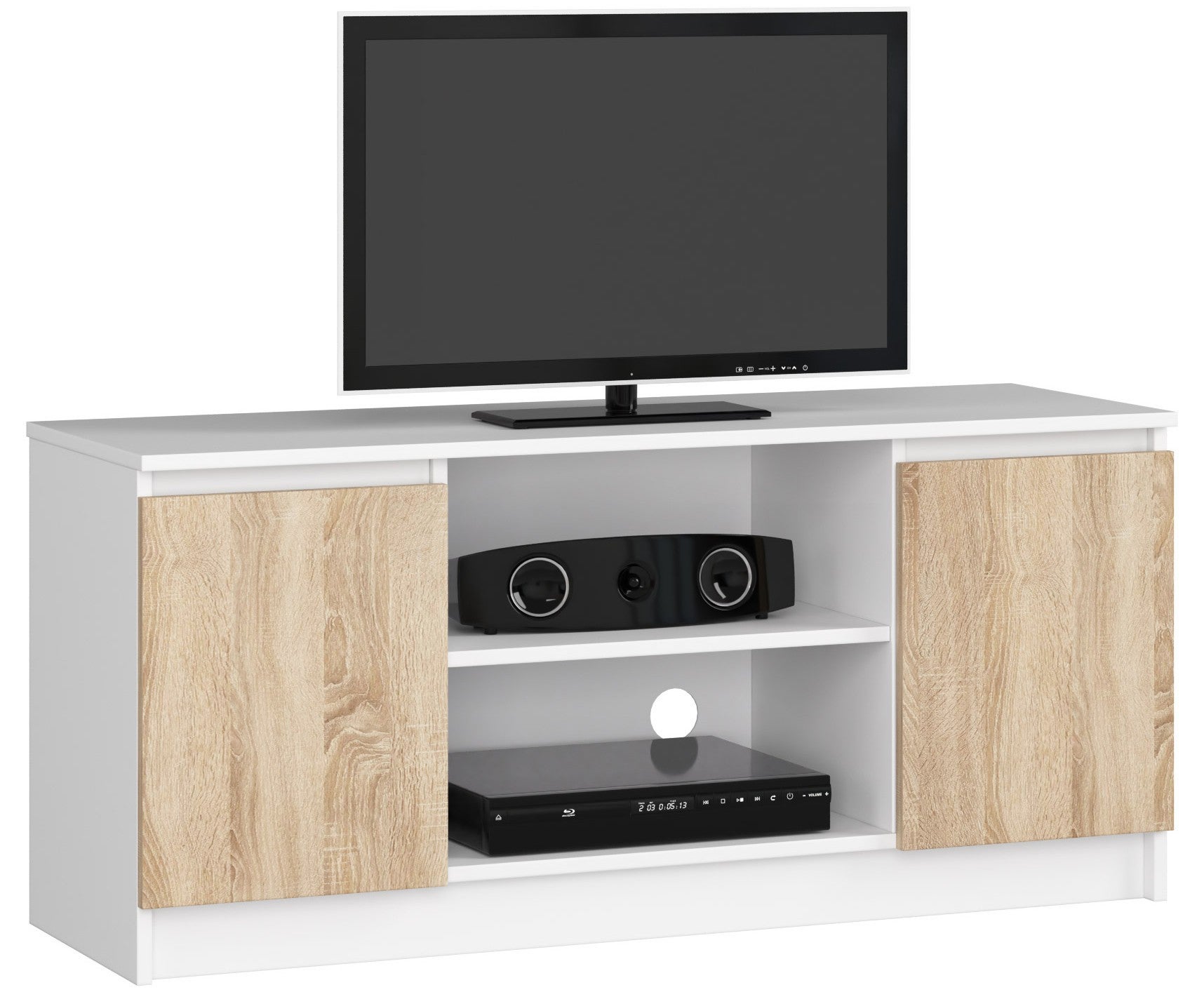 Szafka RTV AKORD Biała 120 cm 2 drzwi kolor Dąb Sonoma mat 2 półki 120x40x55 cm