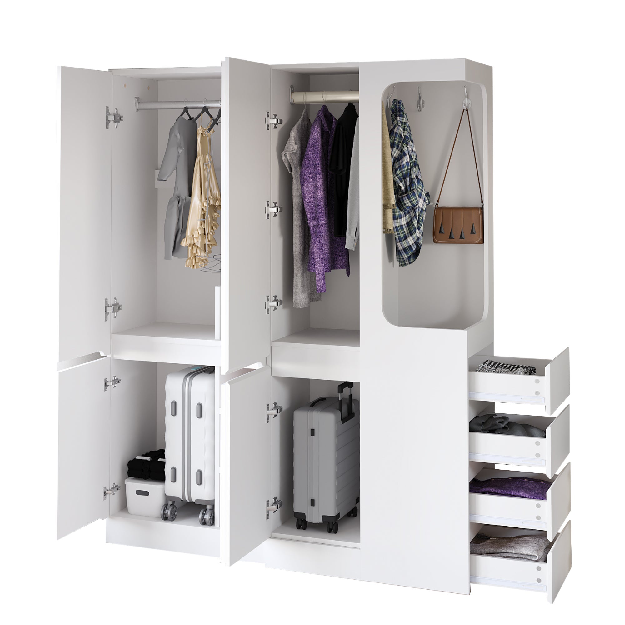 Armadio Multiuso con 6 ante e asta appendiabiti 140 x 40 x 170 cm,armadio guardaroba con 4 cassetti e ganci,aperto,salvaspazio,bianco (Lato destro) - 4