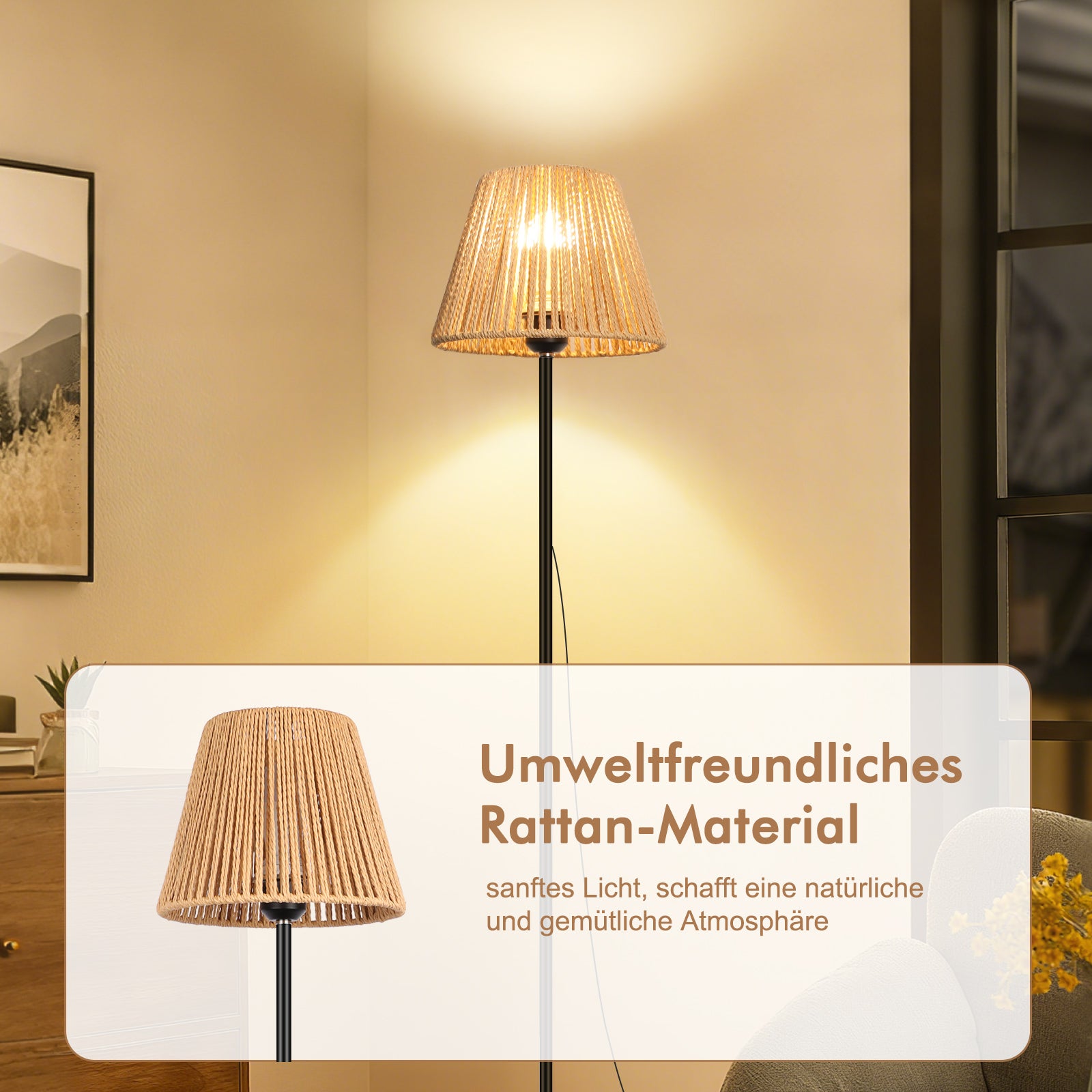 LOVHAUS Lampadaire Avec Abat-Jour En Rotin Tressé Avec Interrupteur Marche/Arrêt - 22 x 140CM - 7