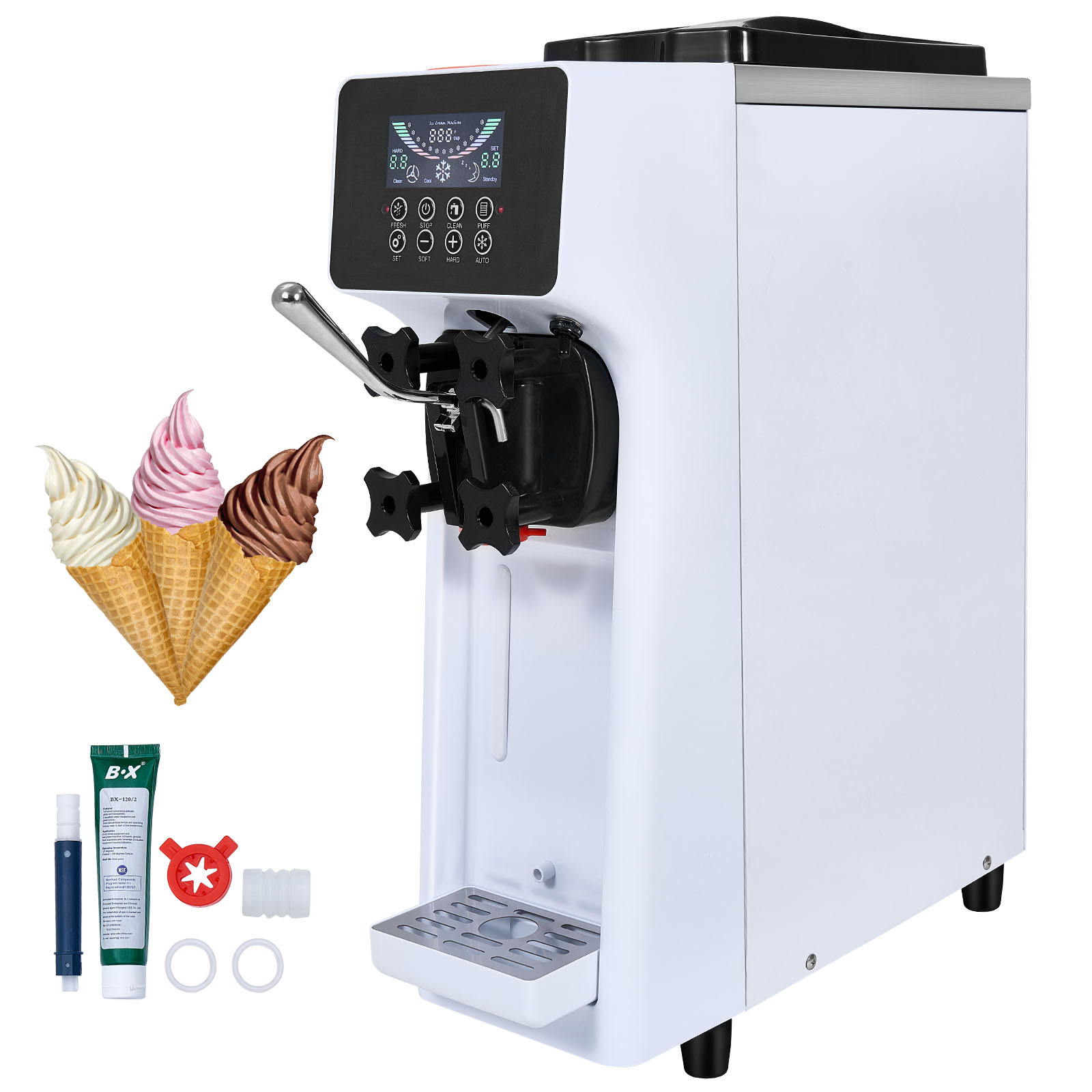 Komercyjna maszyna do lodów, wydajność 10 l/h, 900 W, maszyna do lodów miękkich o pojedynczym smaku, blat, ze zbiornikiem 4 l, cylinder 1,6 l, e VEVOR