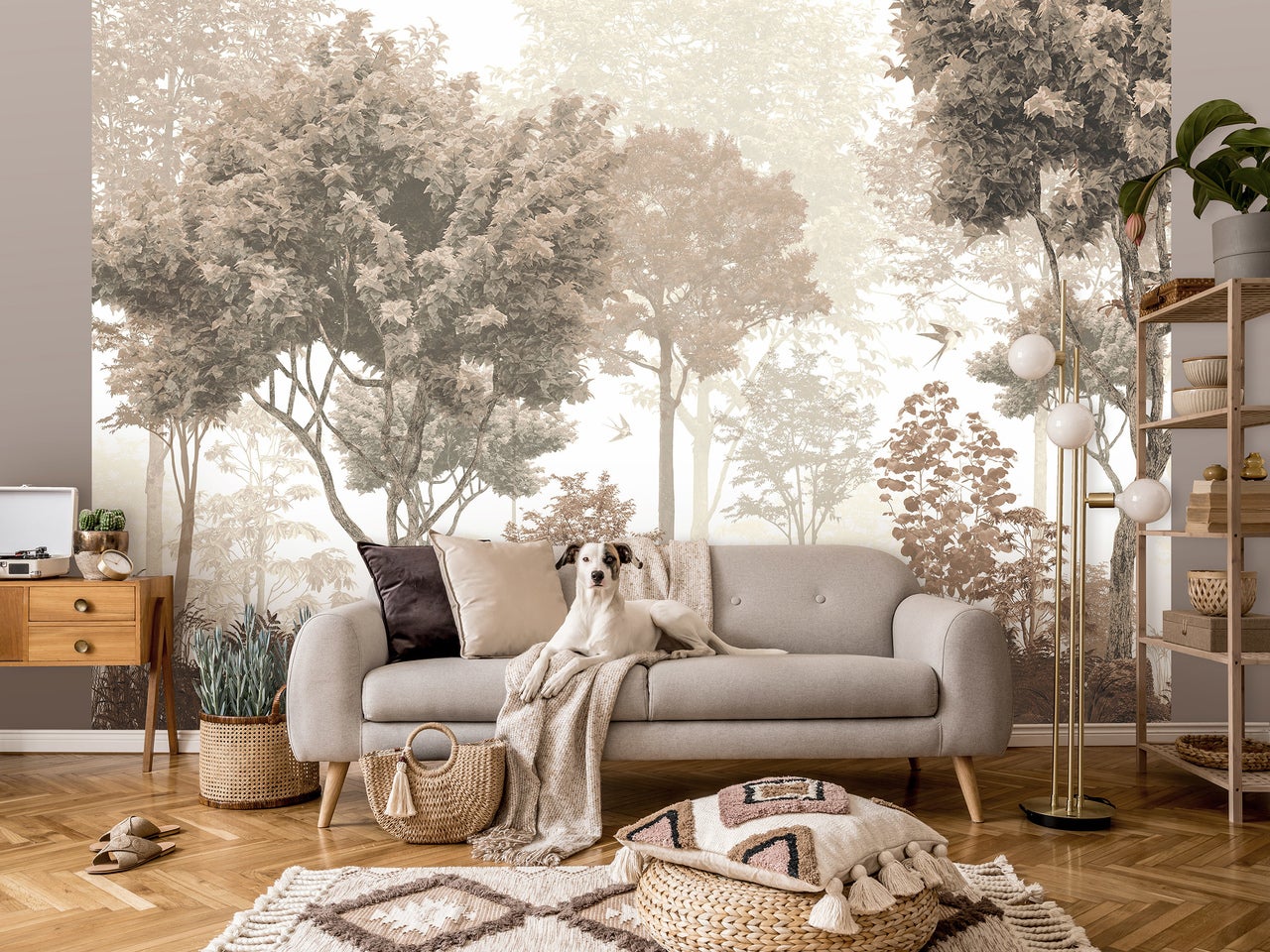 Papier Peint Intissé Panoramique Forêt Cerf Arbres Nature 312x219 cm - Colle Inclus - Chambre et Salon - Moderne Trompe l'oeil - 2