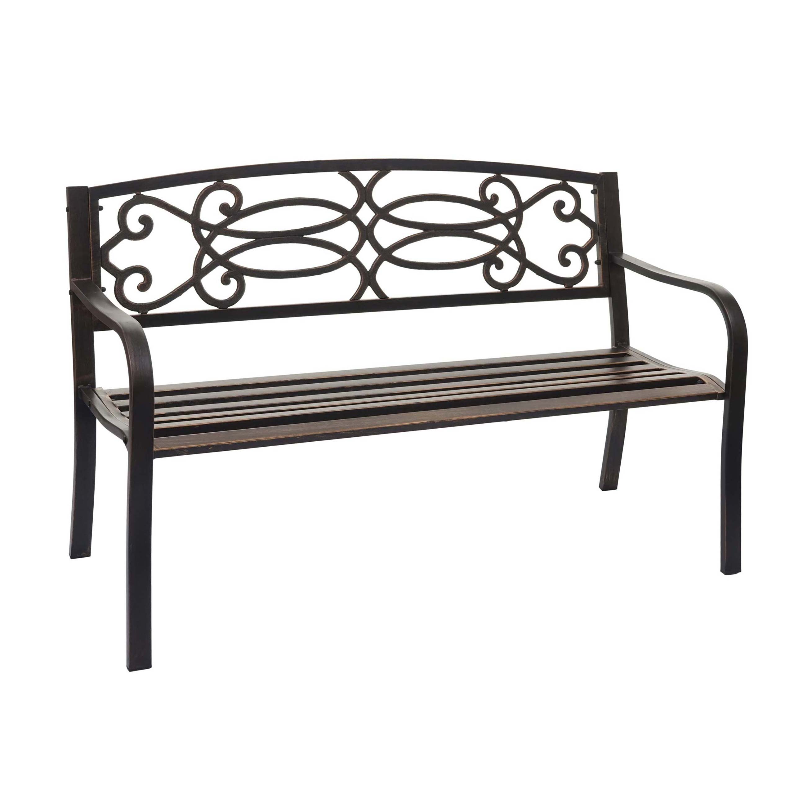 Ławka ogrodowa HWC-F44, ławka parkowa, ławka dwuosobowa, stal malowana proszkowo ~ vintage bronze