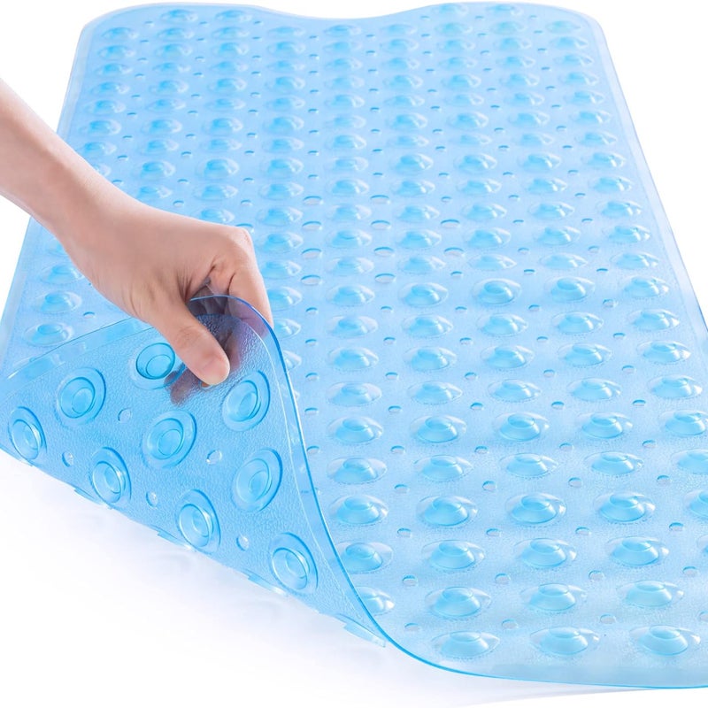 Mata prysznicowa, 40 x 100 cm, bardzo duża, antypoślizgowa, miękka, z przyssawką i otworem odpływowym, niebieska