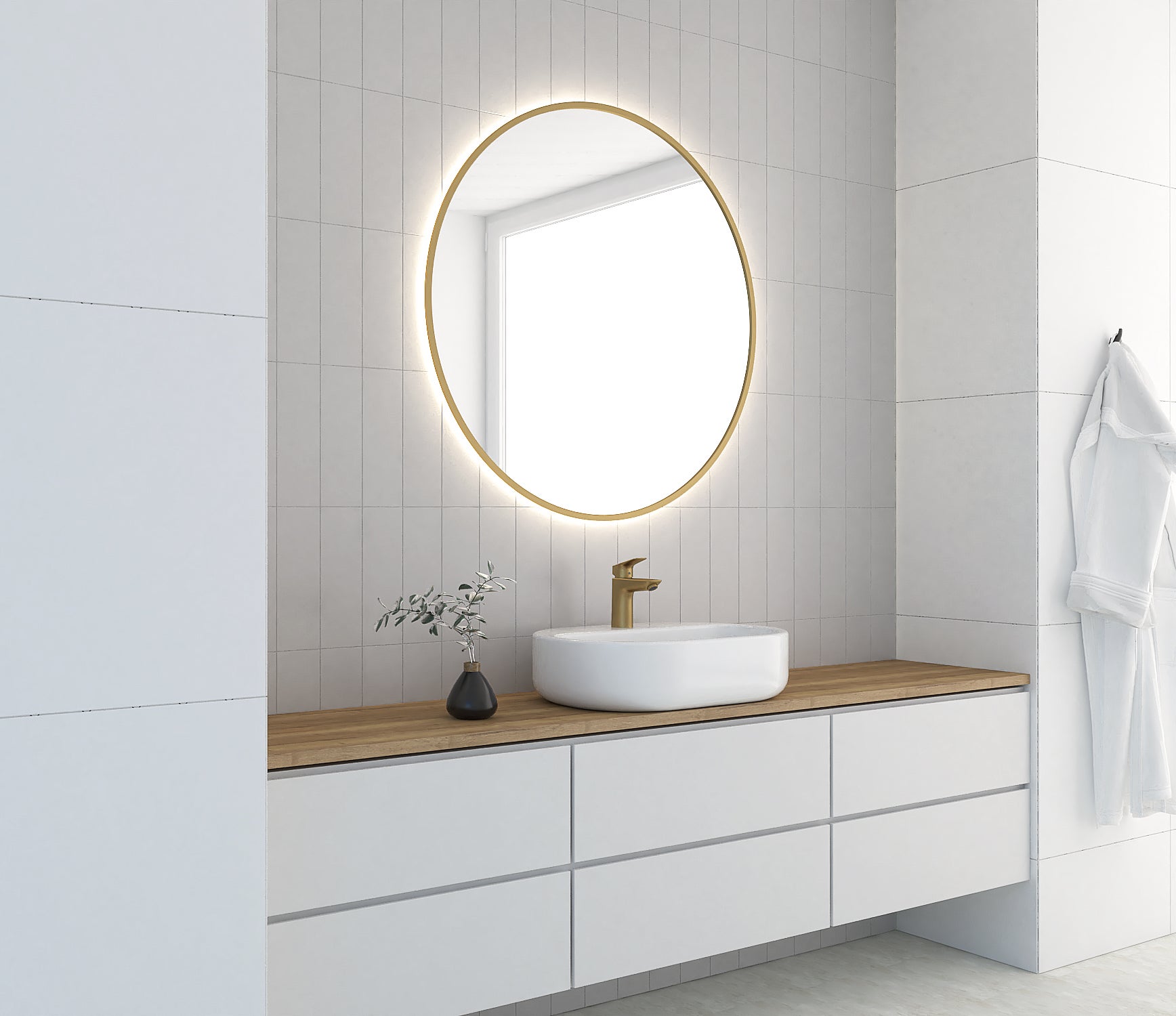 ROUND LINE LED okrągłe lustro w złotej ramie 80 cm