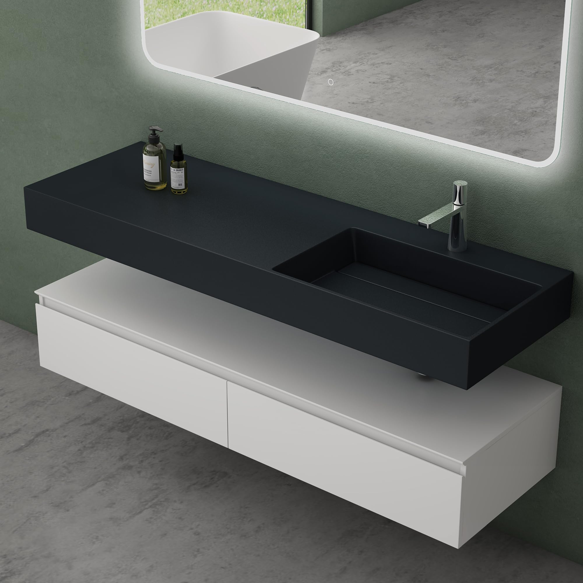 Meuble Salle De Bain 150cm Gris Noir - 2 Tiroirs Avec Softclose - Lavabo Résine Inclus - Mai & Mai