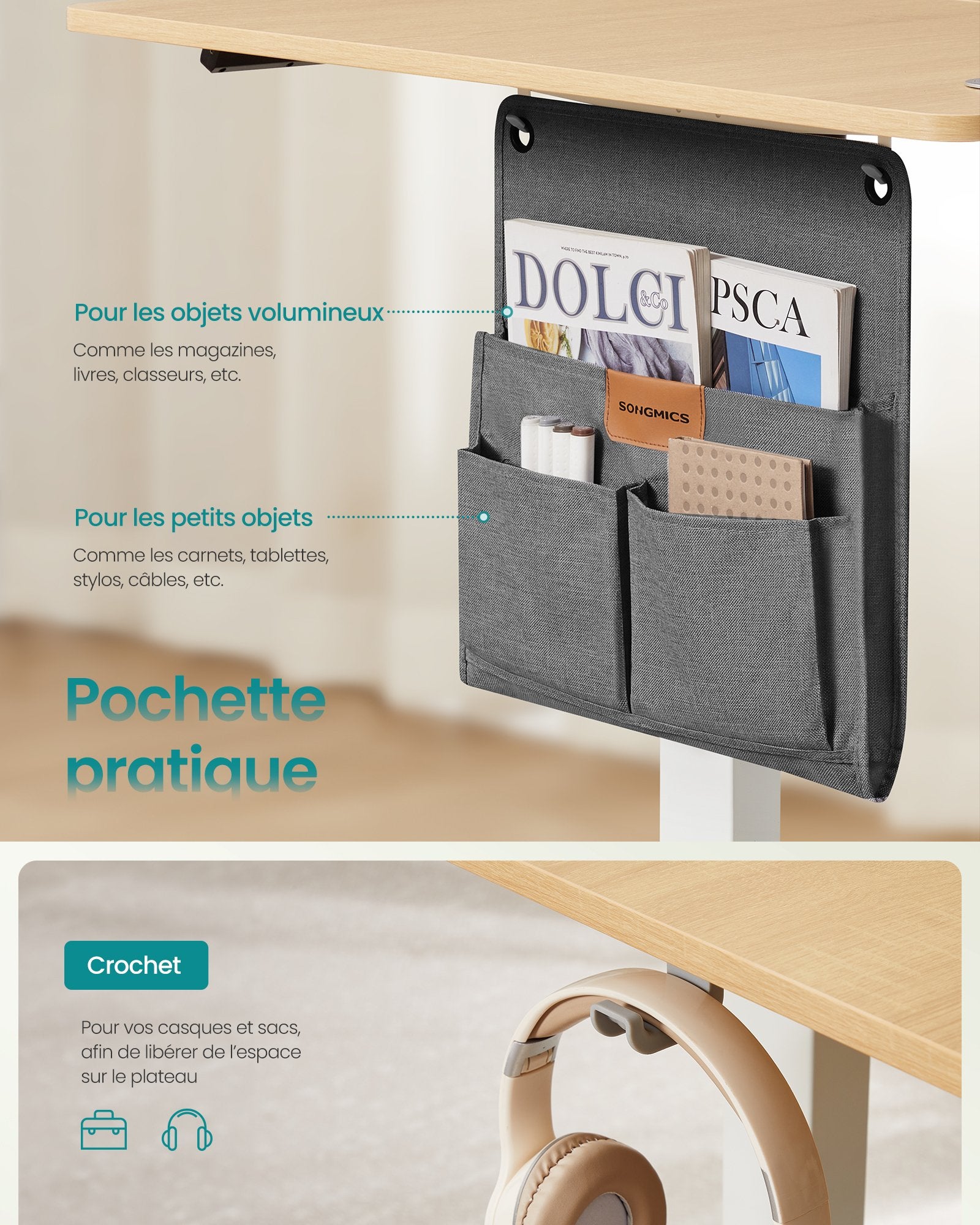 Bureau Électrique Réglable en Hauteur, 180 x 80 cm, Fonction Mémoire 4 Hauteurs, Port USB-C, Organiseur, pour Télétravail, Doré Chêne - 6