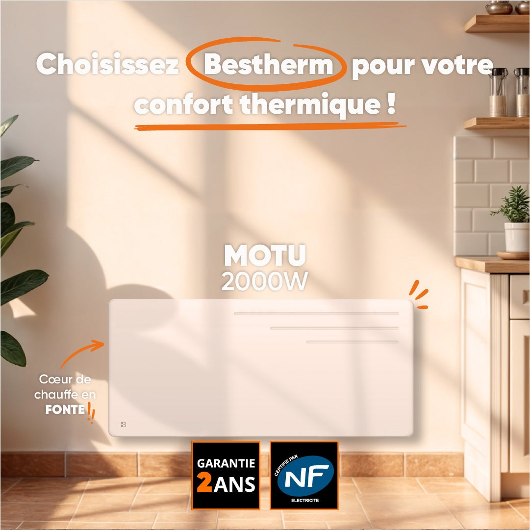 Radiateur électrique fixe à inertie sèche fonte 2000W Bestherm MOTU horizontal blanc - 3