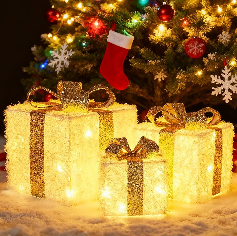 Lot 3 Boîtes Cadeaux Lumineuses 180 LED Blanc Froid - Décoration Noël Extérieure