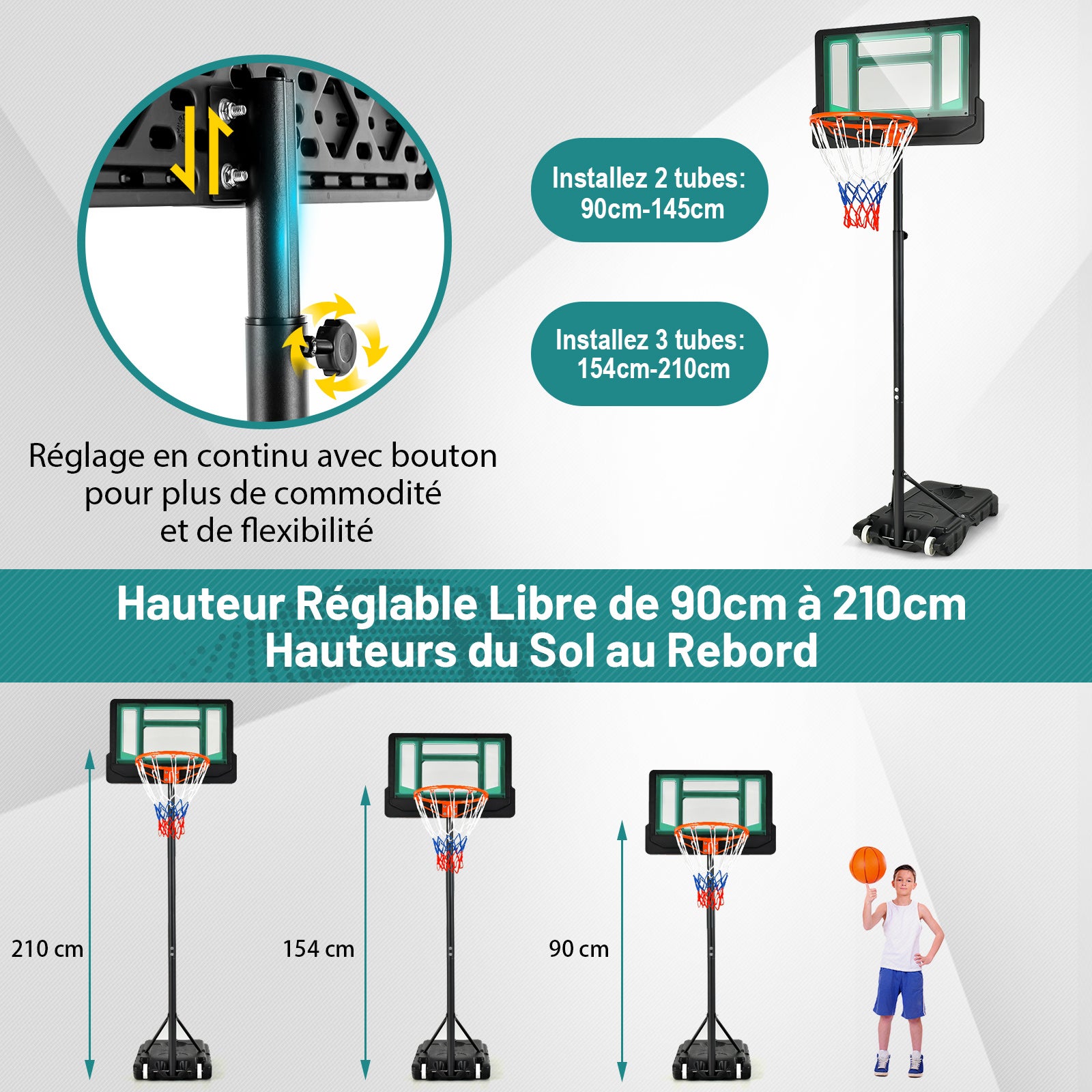Canestro Basket da Interno ed Esterno Portatile e Regolabile in Altezza 90-210cm, Canestro da Basket per Bambini con Ruote, Incavo per Pallone - 3