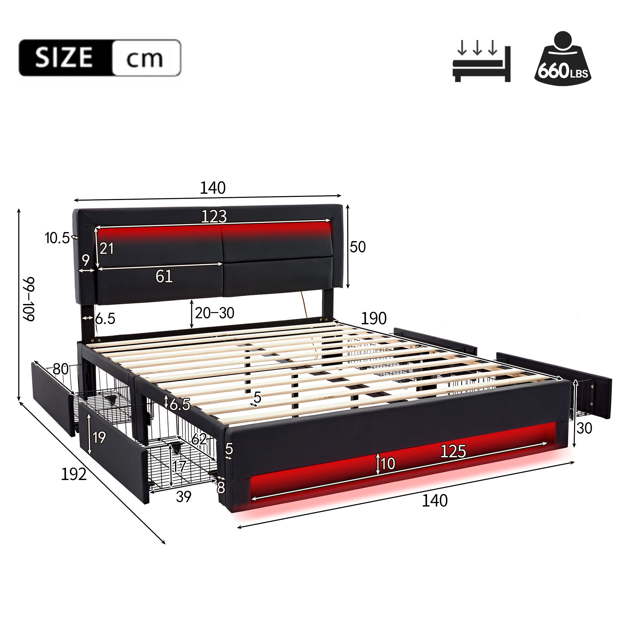 Łóżko podwójne 140x190 cm z ekoskóry z LED - 4 szuflady - z portami ładowania (przewodowym i bezprzewodowym) - Czarne - 8
