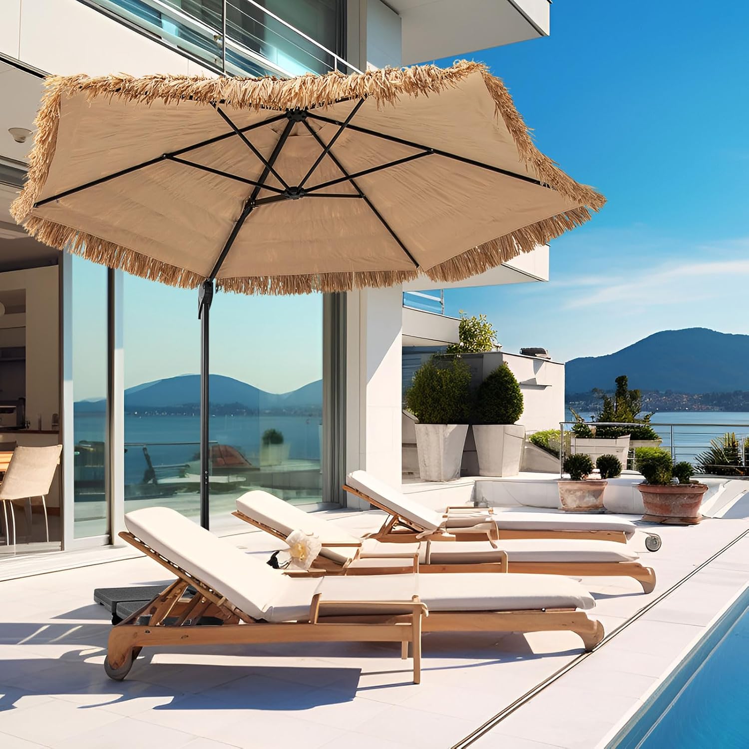 2,7M Parasol Paille en PE, Parasol Déporté Suspendu de Style Hawaïen Tropical, avec Double Toits, 8 Baleines, Base Non Incluse - 7
